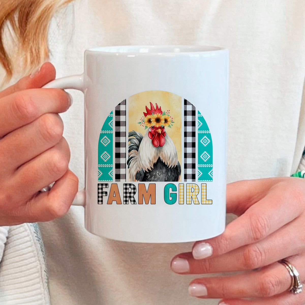 Farm Girl Mug – Rustic Farmhouse Coffee Cup with Sunflower Chicken Art