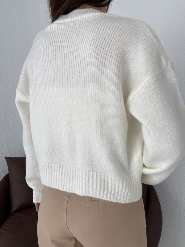 Women’s Lemon Embroidered Knit Cardigan White Button Up Sweater Long Sleeve