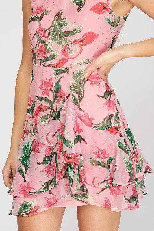 Pink Floral Print Sleeveless Ruffle Chiffon Mini Dress