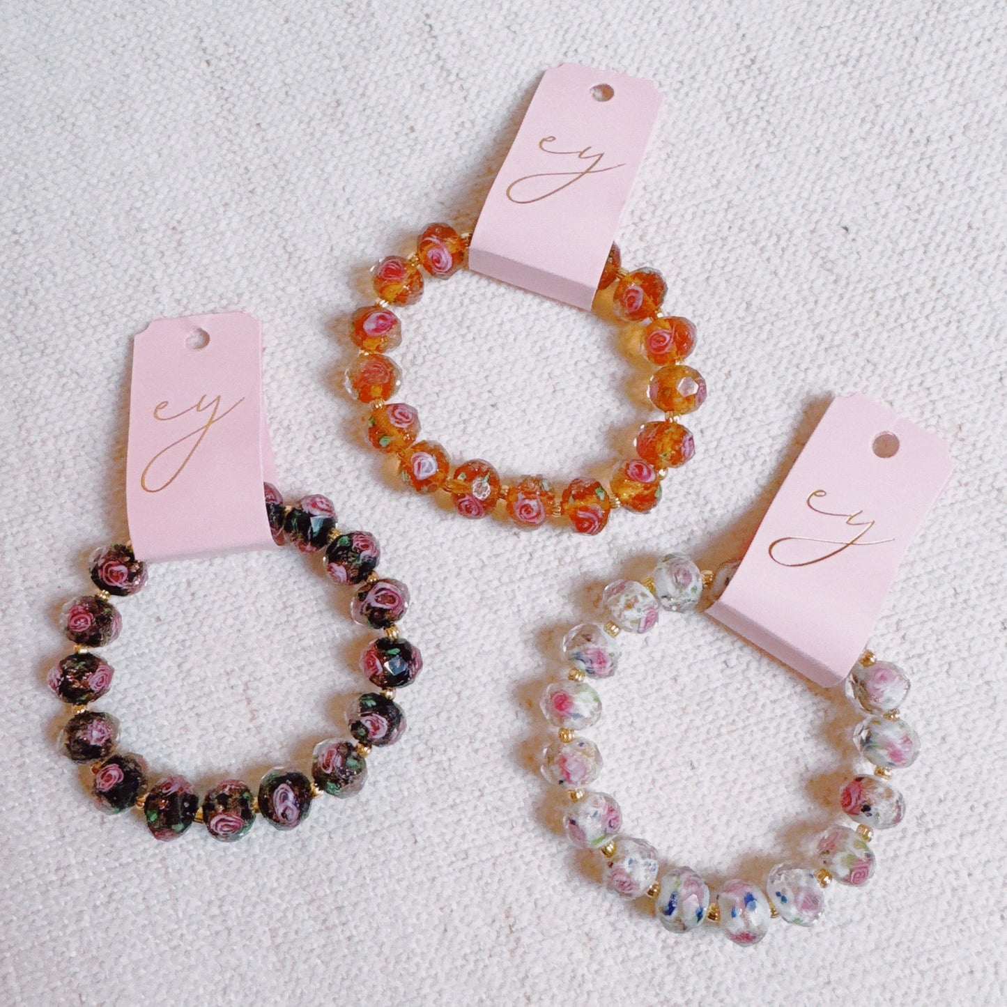 Vintage Rose Glass Bead Stretch Bracelet – Elegant, Stackable & Versatile