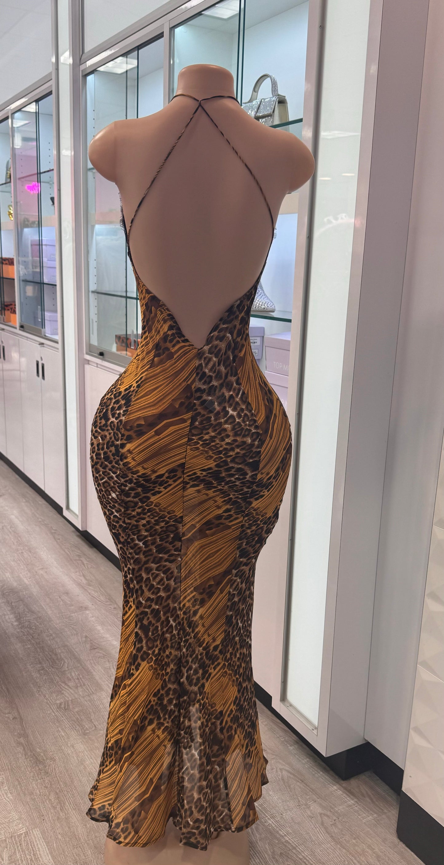Maci Leopard Sheer Maxi Halter Dress | Chic Animal Print Resort Dress
