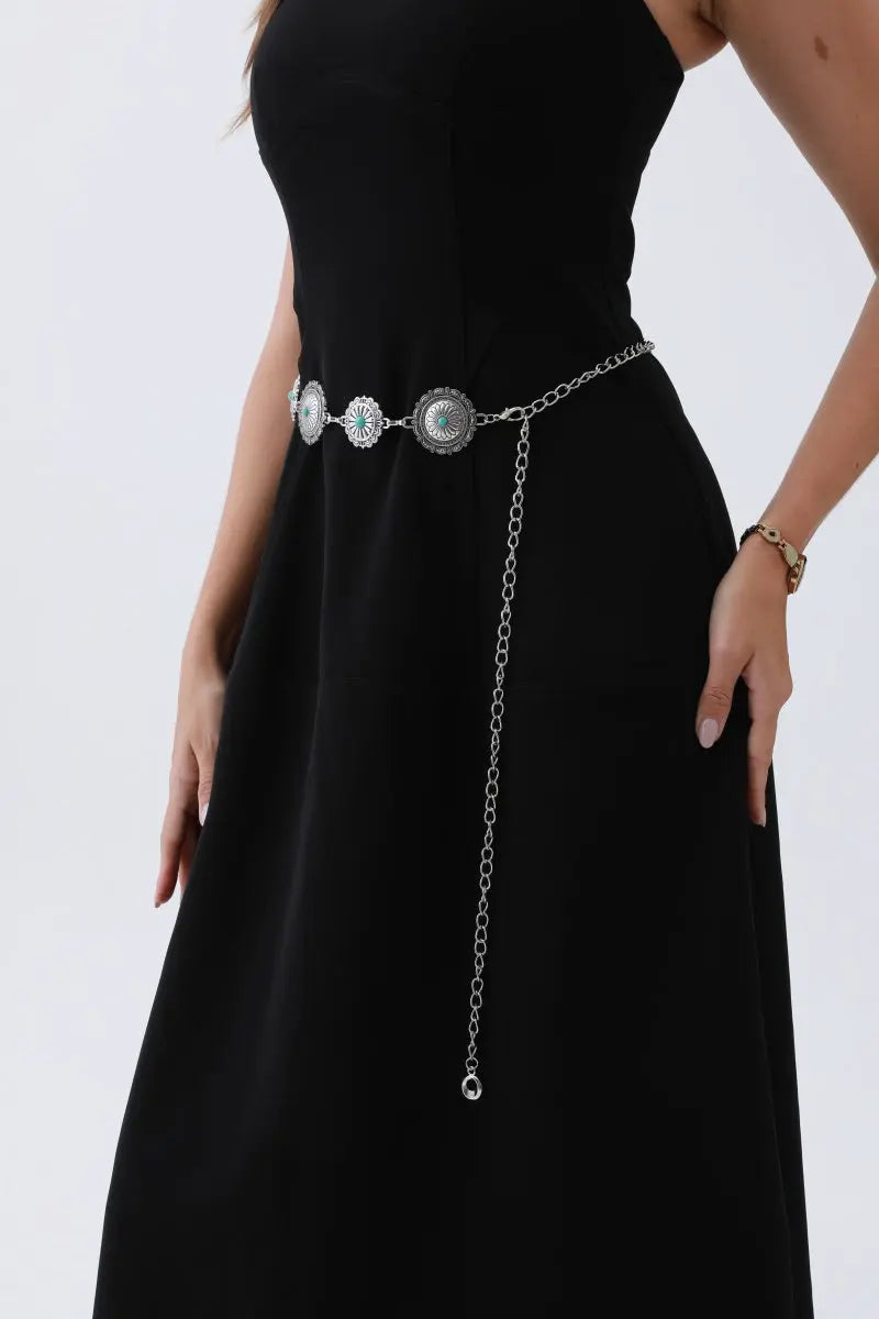 Boho Turquoise Chain Belt – Antique Bronze Buckle with Gemstone Accents✨