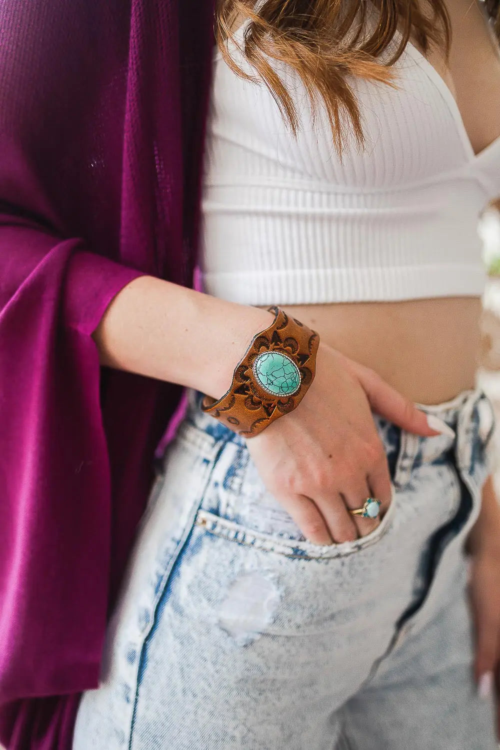 Boho Turquoise Stone Camel Leather Cuff Bracelet🤎