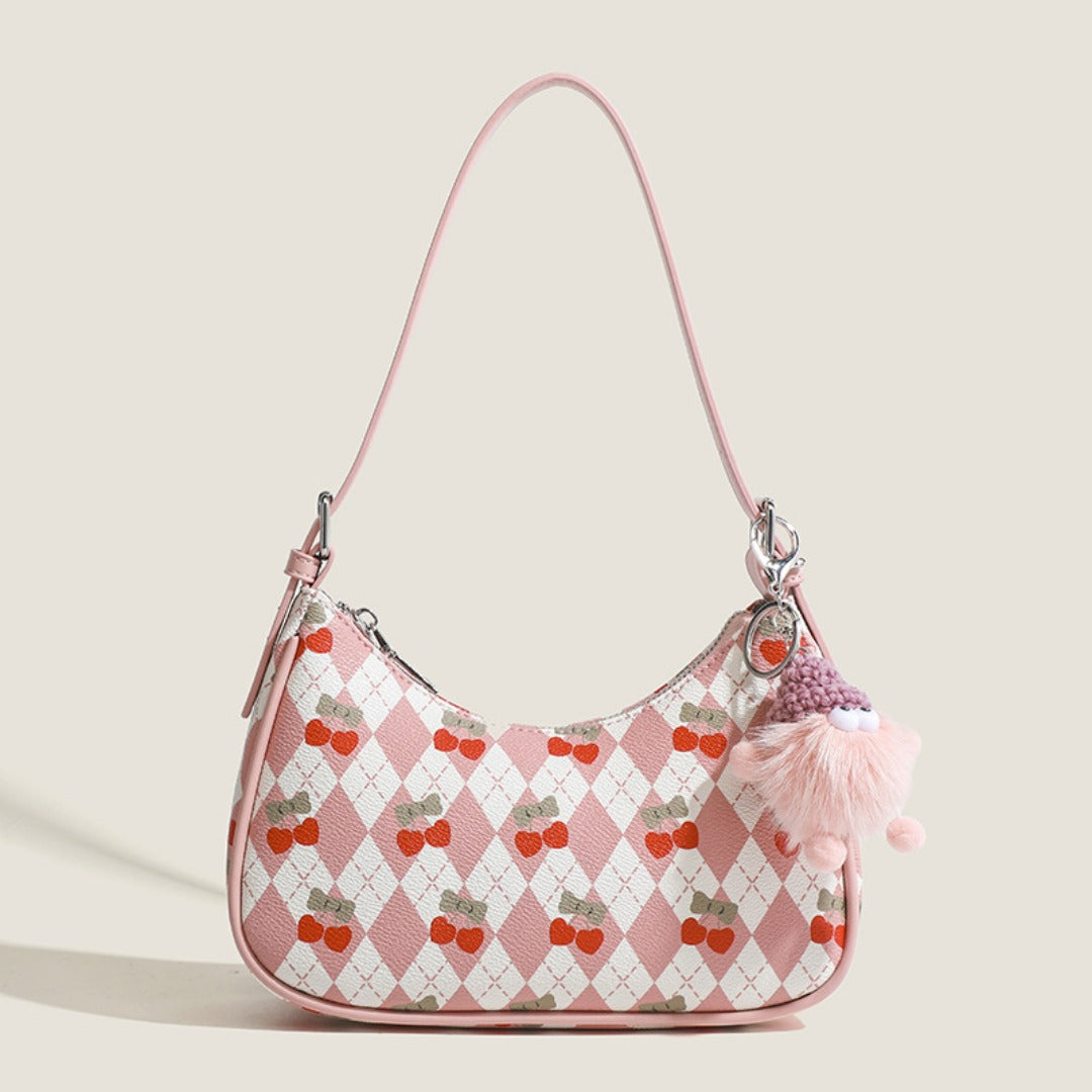 Small versatile shoulder bag, cute cherry pattern shoulder bag, top handle bag, crescent bag hobo