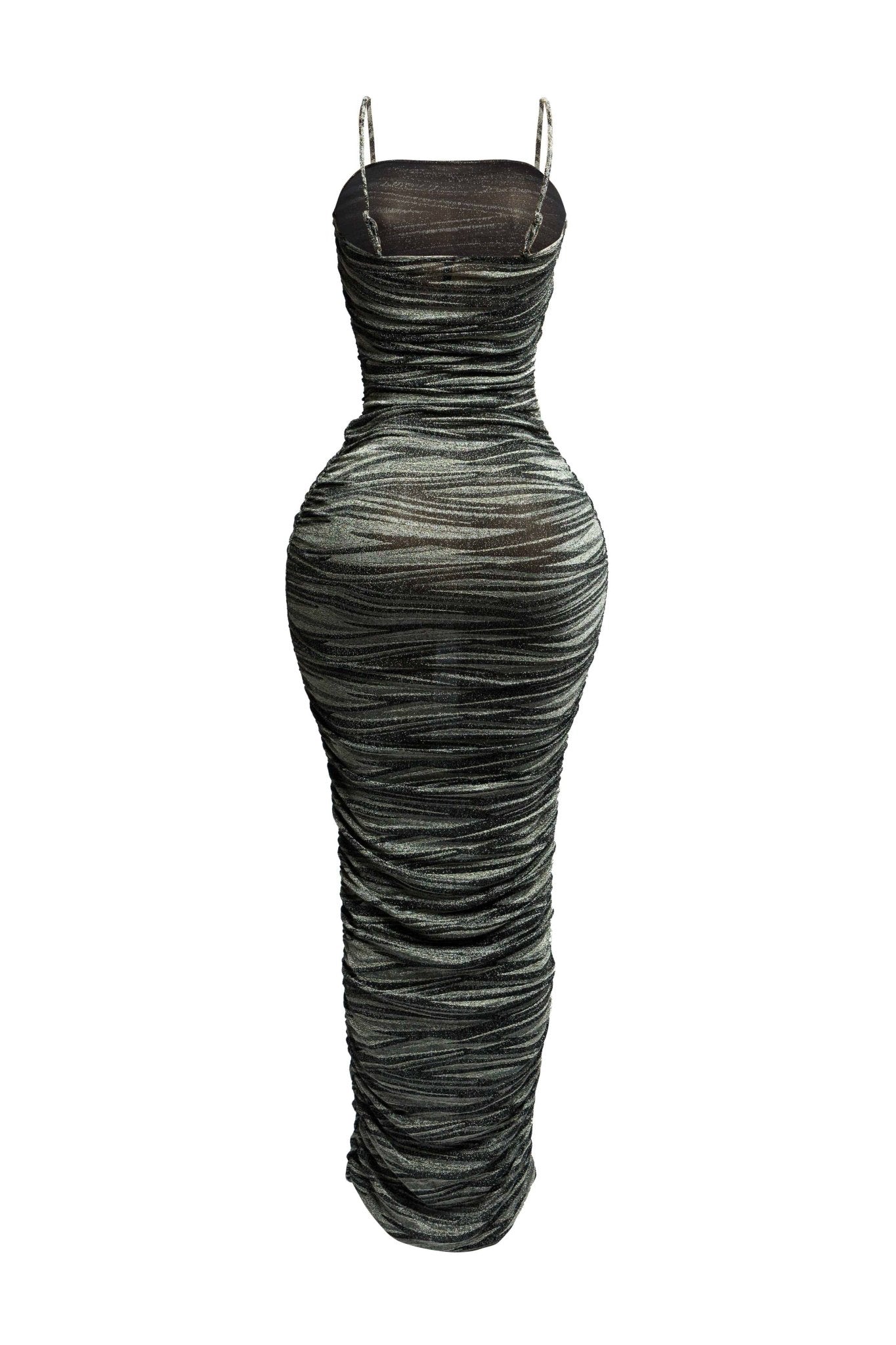 Metallic Ruched Maxi Dress – Sparkly Bodycon Evening Dress with Adjustable Straps