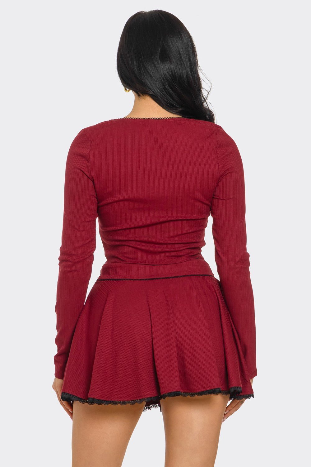 Lace Trim Long Sleeve Top and Skirt Set – Wine Red Two-Piece Outfit