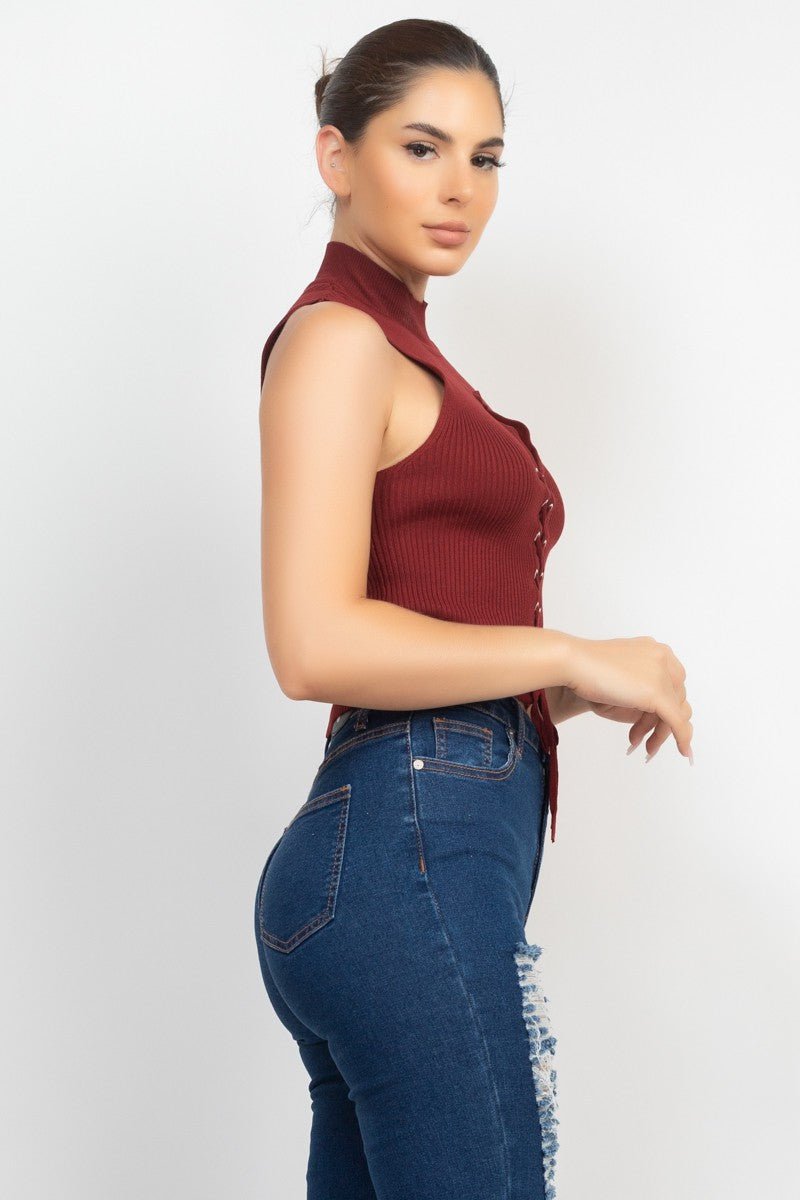 Mock Neck Ribbed Lace-Up Cutout Crop Top – Sleeveless Knit Corset Style