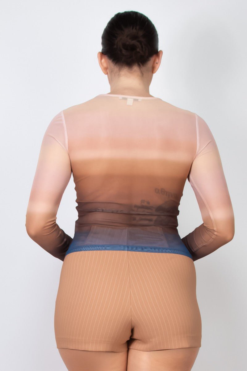 Ombre Mesh Long Sleeve Top – Sheer Gradient Fitted Tee