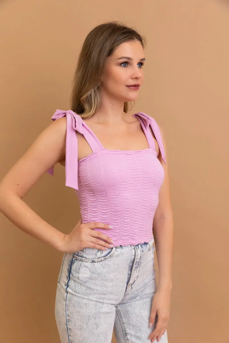 Seamless Vertical Smocked Tie Shoulder Top 😍