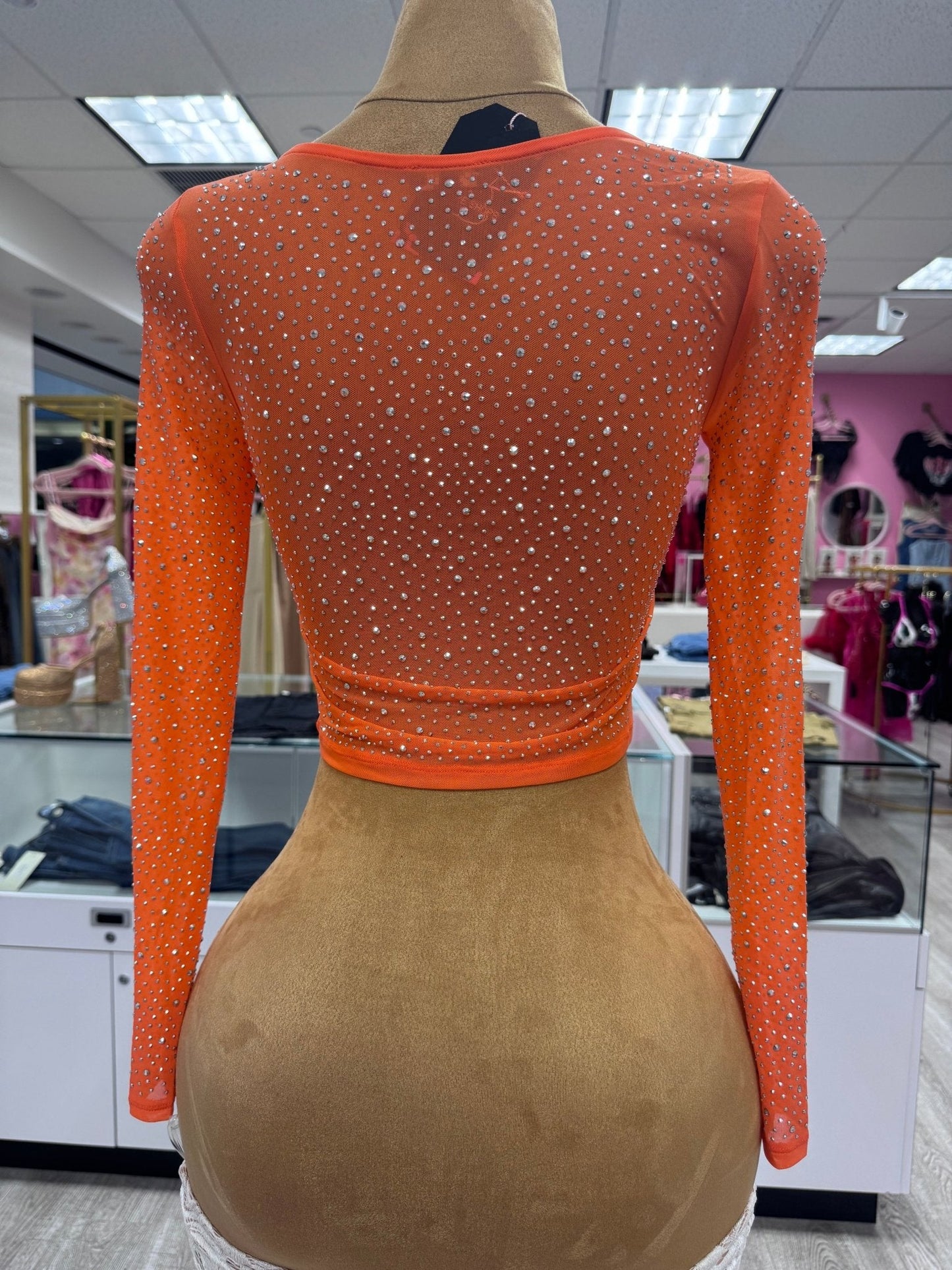 Seline Corset Mesh Long Sleeve Rhinestone Top