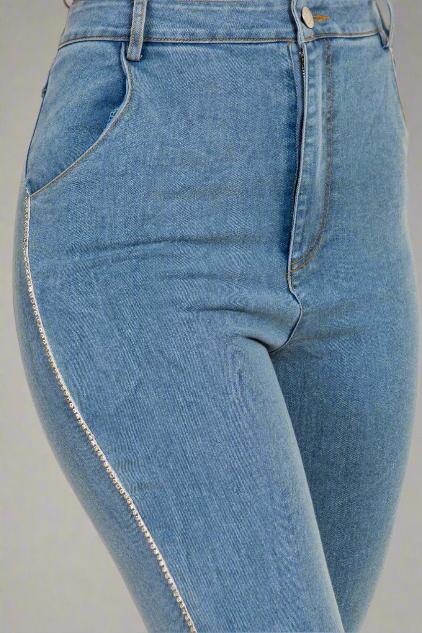 Tamera Rhinestone Trim Side Slit Stretch Denim Pants for Chic Comfort and All-Day Style
