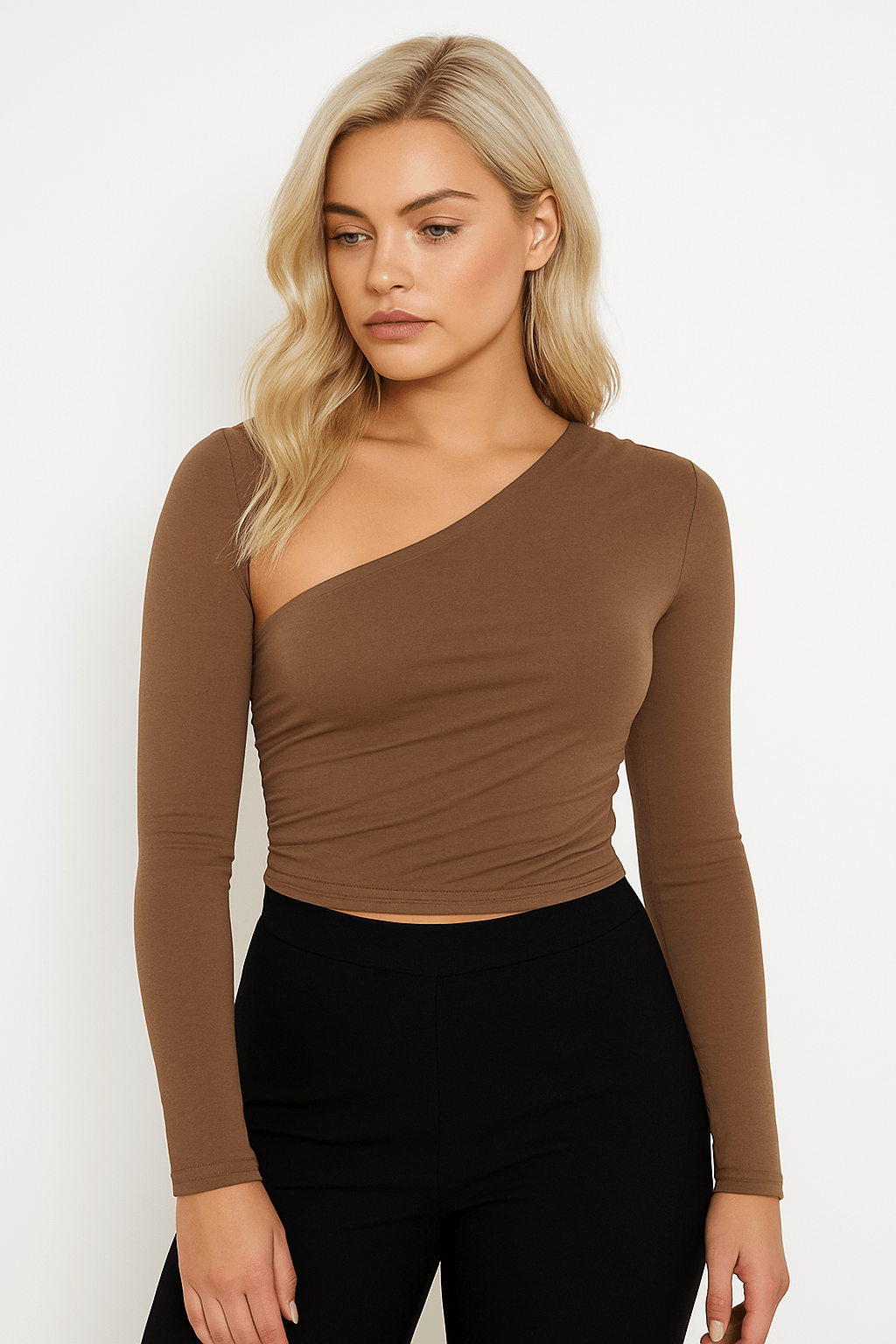 Women’s Long Sleeve Asymmetrical Ruched Crop Top – Bodycon Mini, Made in USA