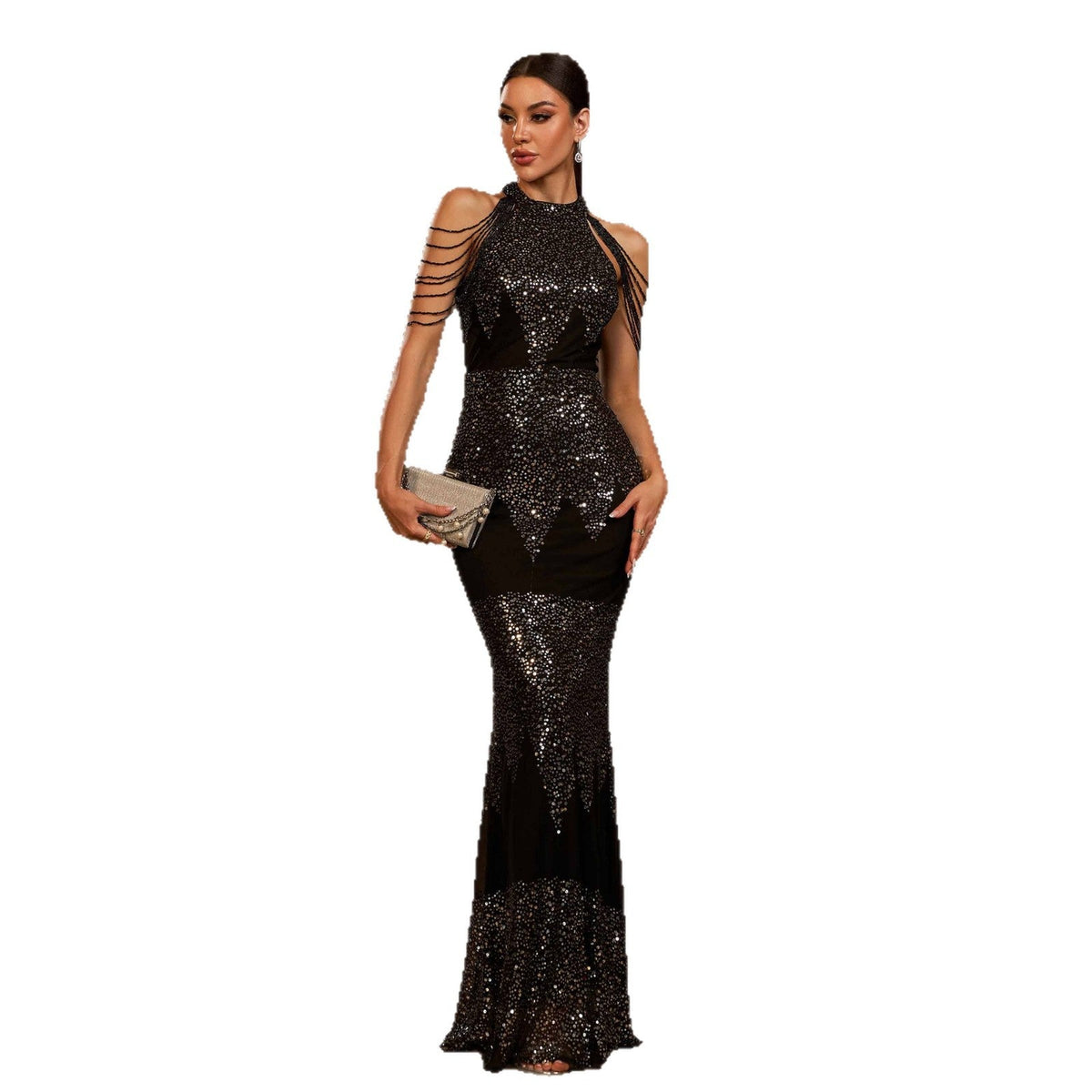 Halter Sequin Beads Slim-fit Evening Dress
