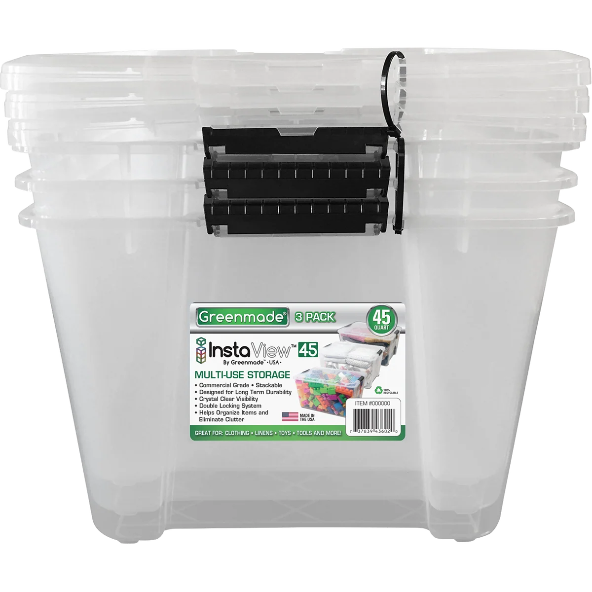 Greenmade InstaView 3 Pack 45 Quart Multi-Use Storage Bins
