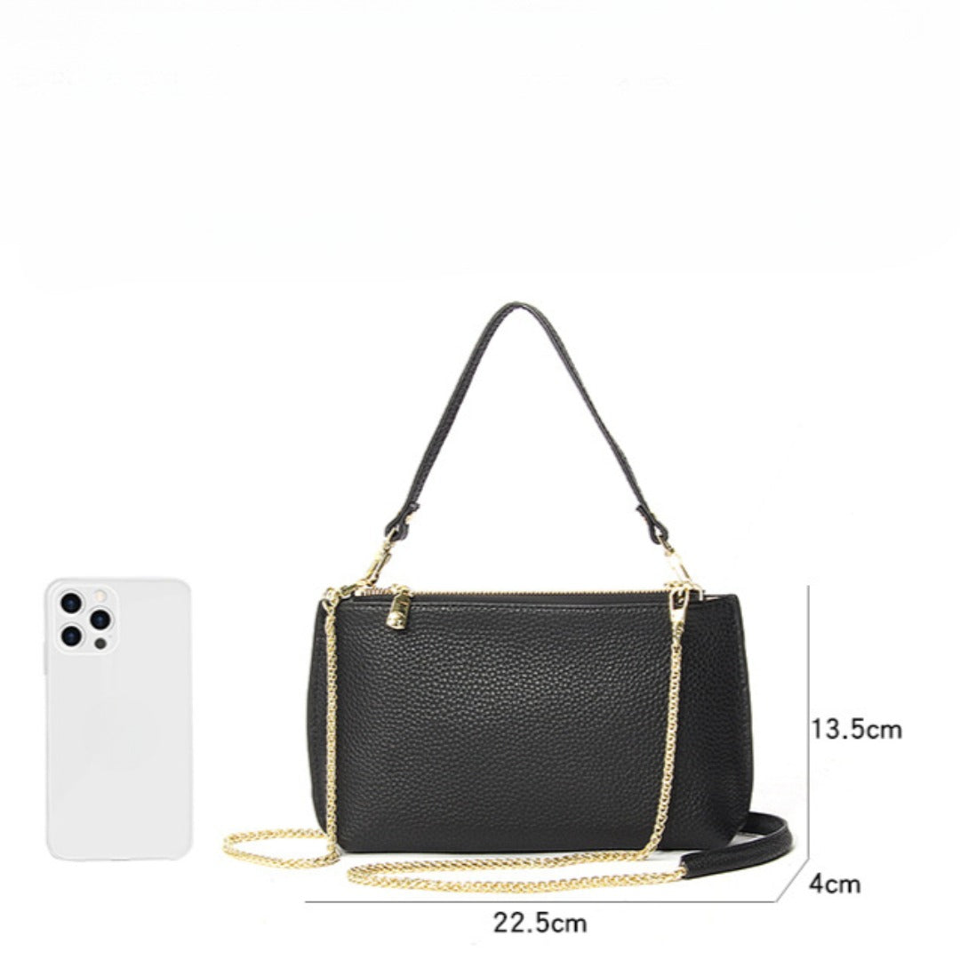 Genuine Leather simple shoulder bag women, stylish large capacity bag, tote purse double zipper, leather chain bag
