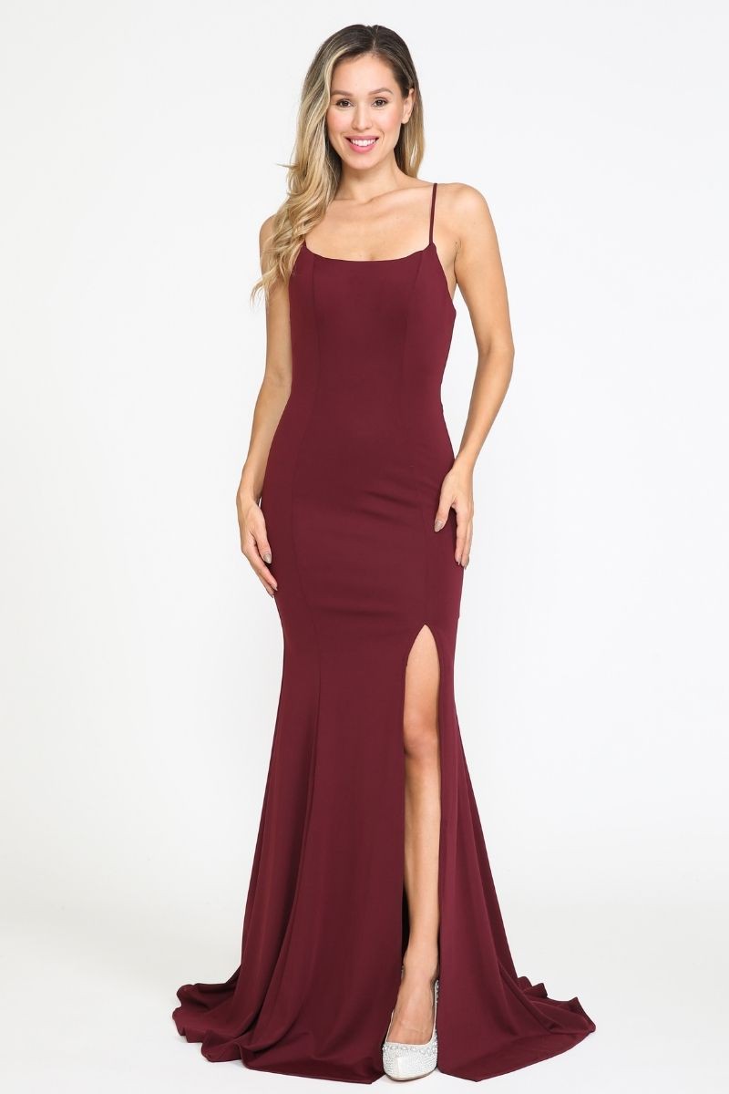 Floor Length, Left Leg Open Slit Spaghetti Straps - 8376