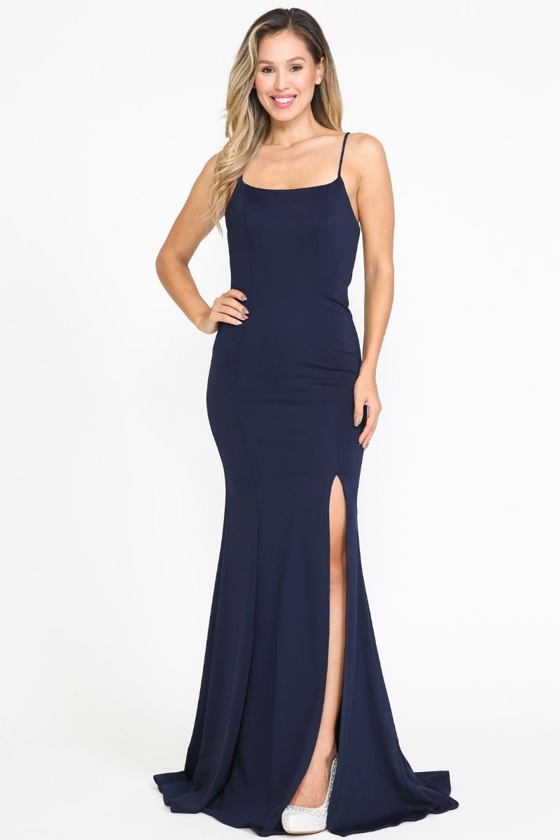 Floor Length, Left Leg Open Slit Spaghetti Straps - 8376