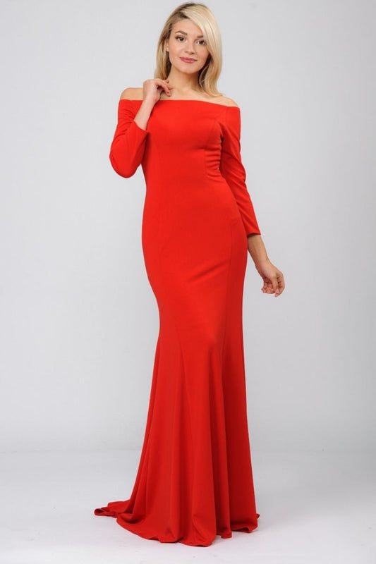 Off The Shoulder Long Sleeves Fitted Gown. - 8378