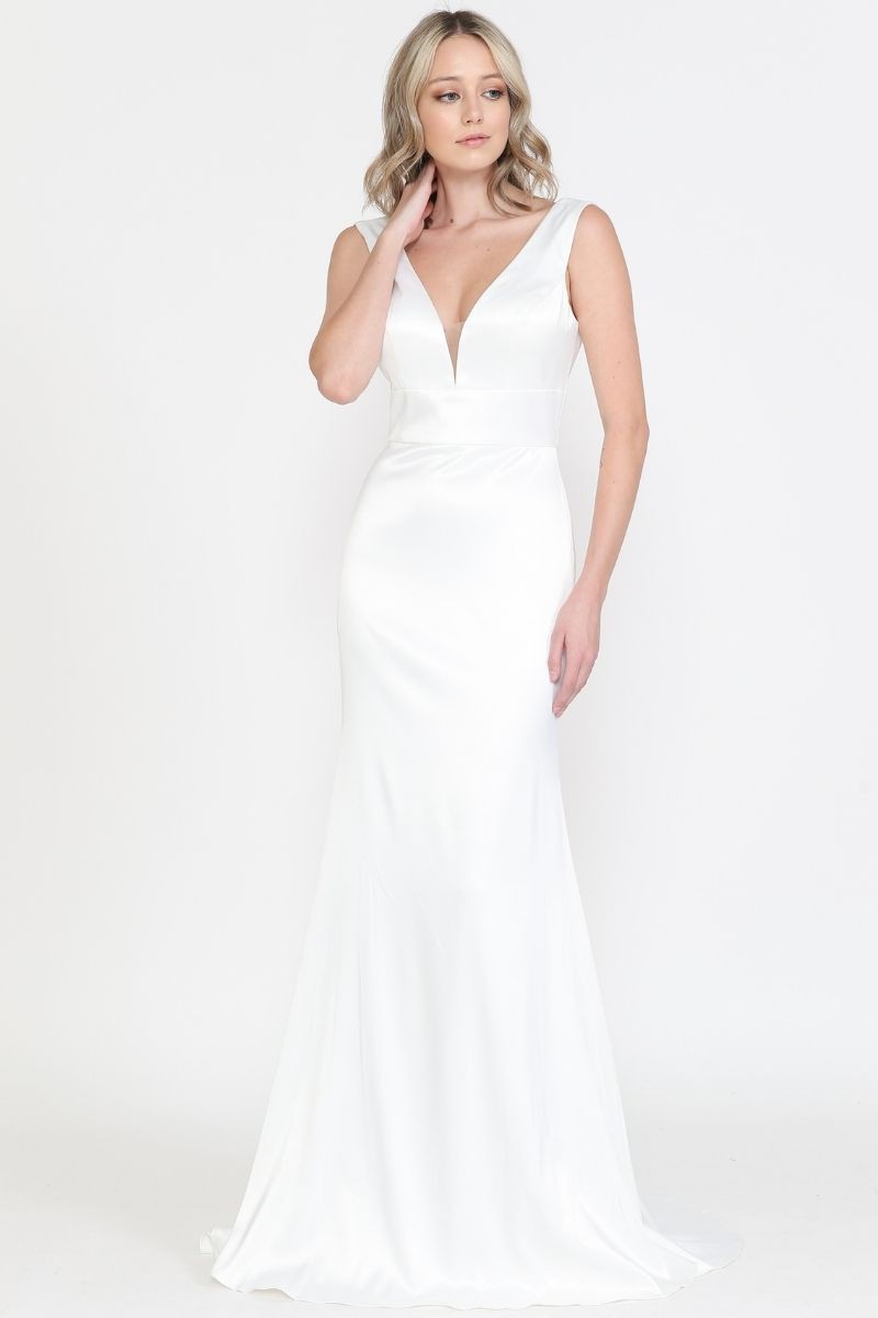 Floor Length V Neck Line Sleeve Less Open Back Sat - 8502