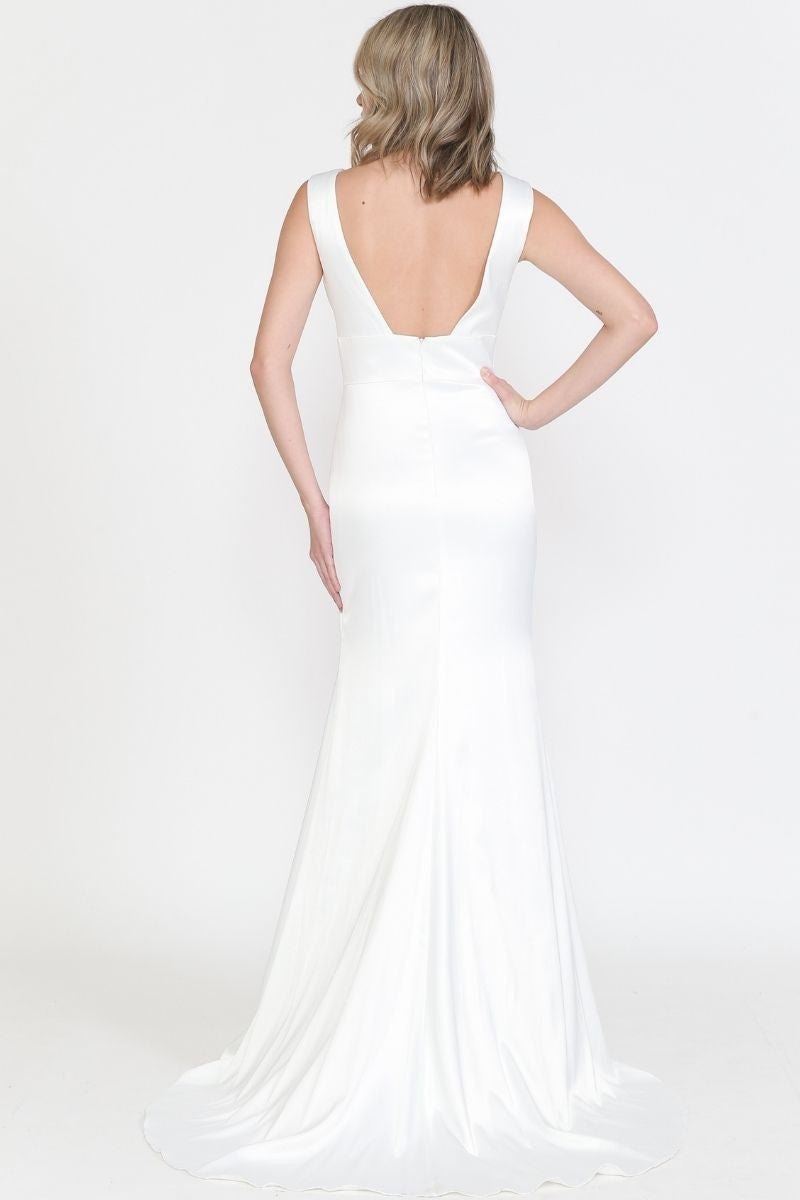 Floor Length V Neck Line Sleeve Less Open Back Sat - 8502