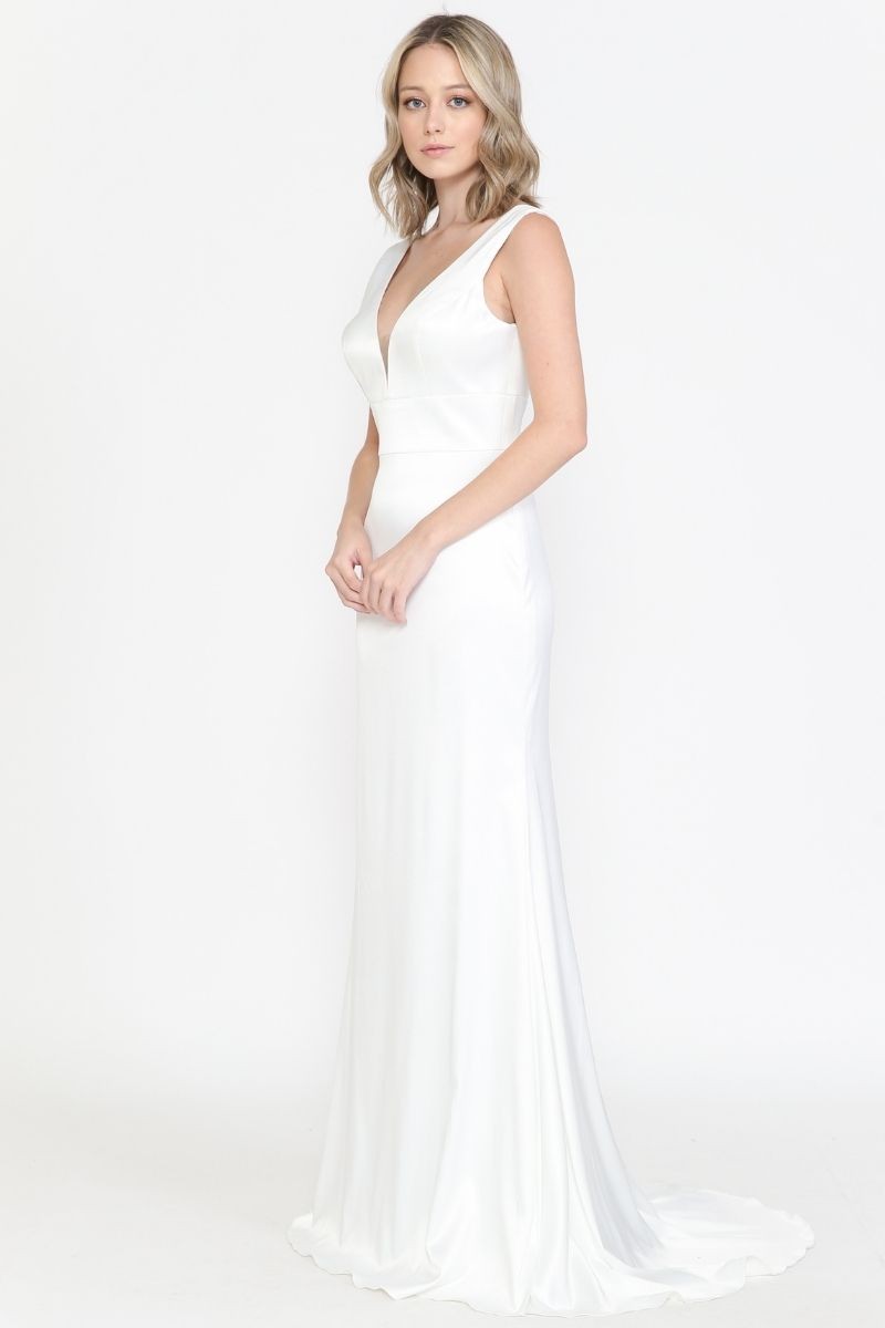 Floor Length V Neck Line Sleeve Less Open Back Sat - 8502