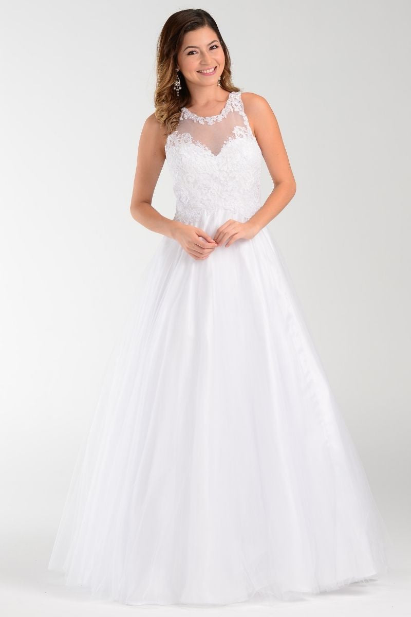 A-line Long Dress With Tulle Skirt And Mesh Top - 7490