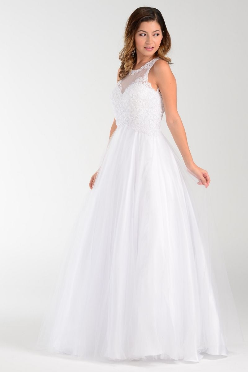 A-line Long Dress With Tulle Skirt And Mesh Top - 7490