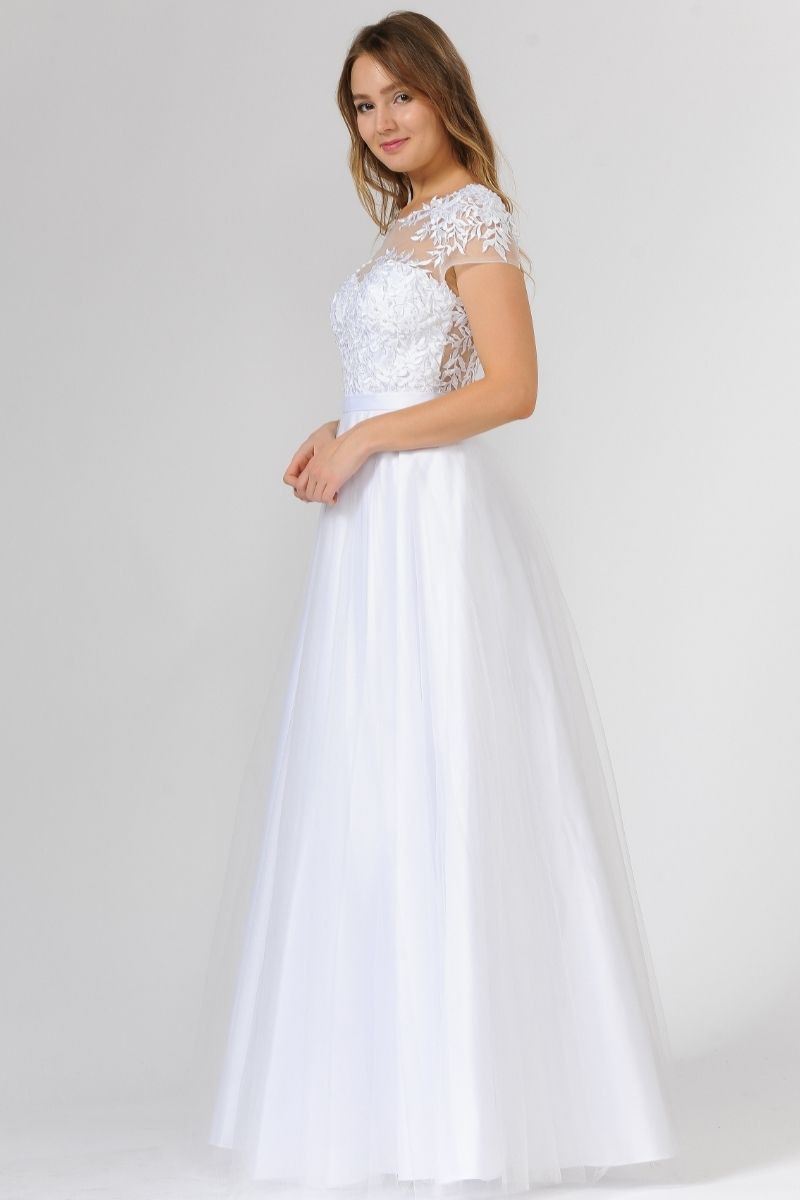 Long Ball Gown With Tulle Skirt And Mesh Bodice - 7482