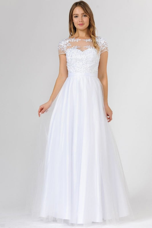 Long Ball Gown With Tulle Skirt And Mesh Bodice - 7482