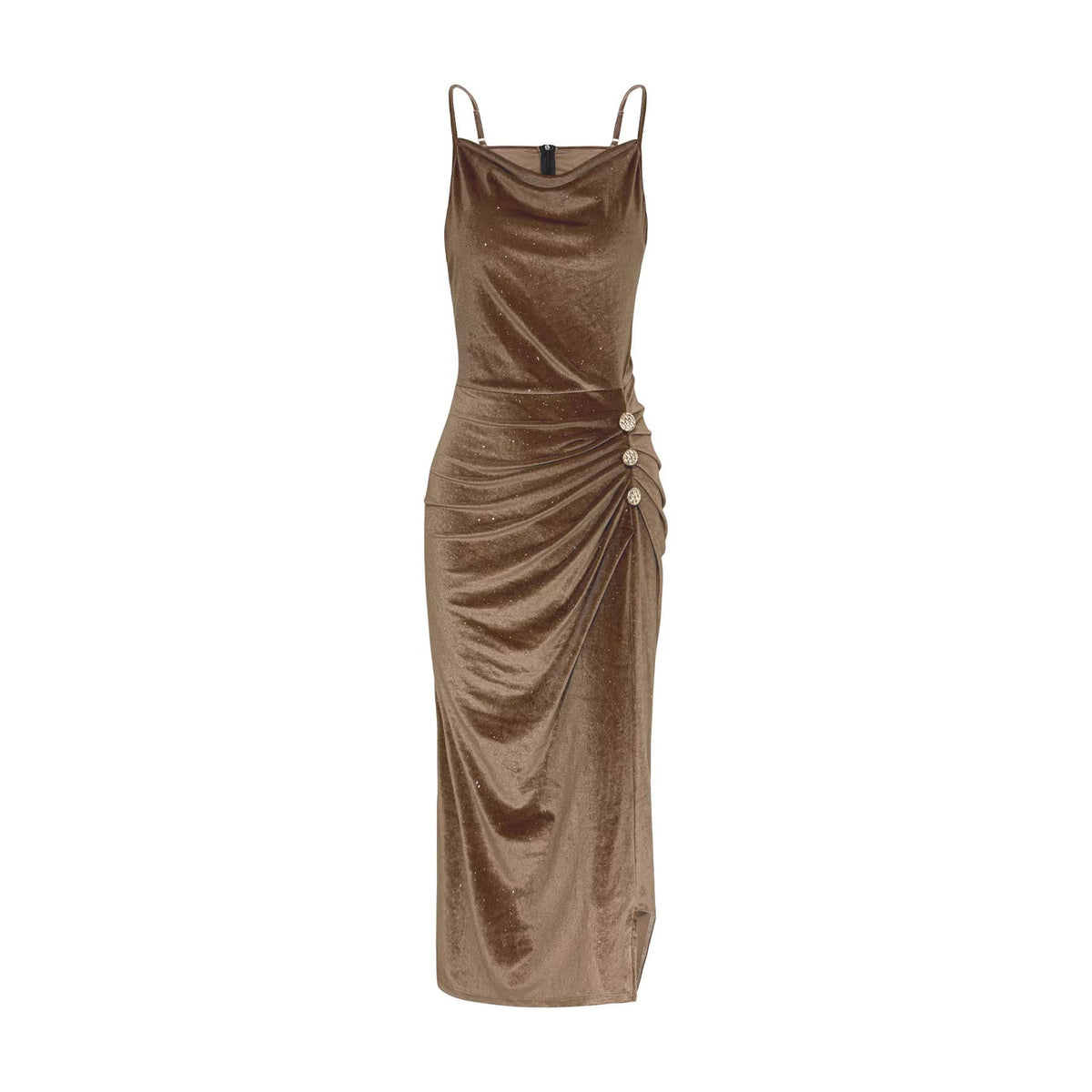 Shiny Velvet Bodycon Dress With A Swing Collar, Waist-cinching, Side Slit, And Spaghetti Straps