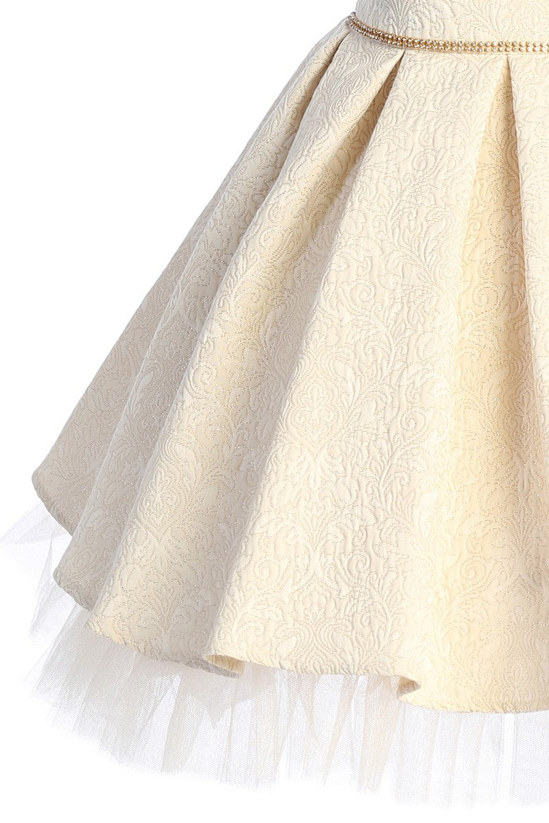 Gold Detail Pleated Jacquard Girl Dress