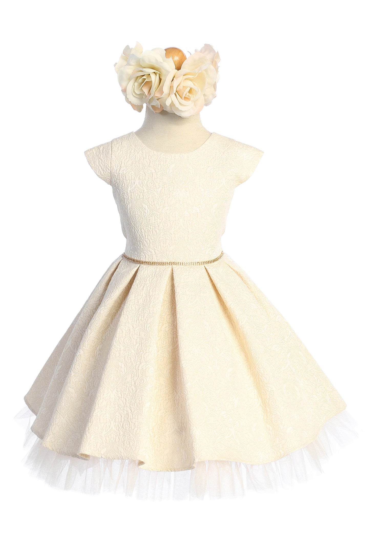 Gold Detail Pleated Jacquard Girl Dress