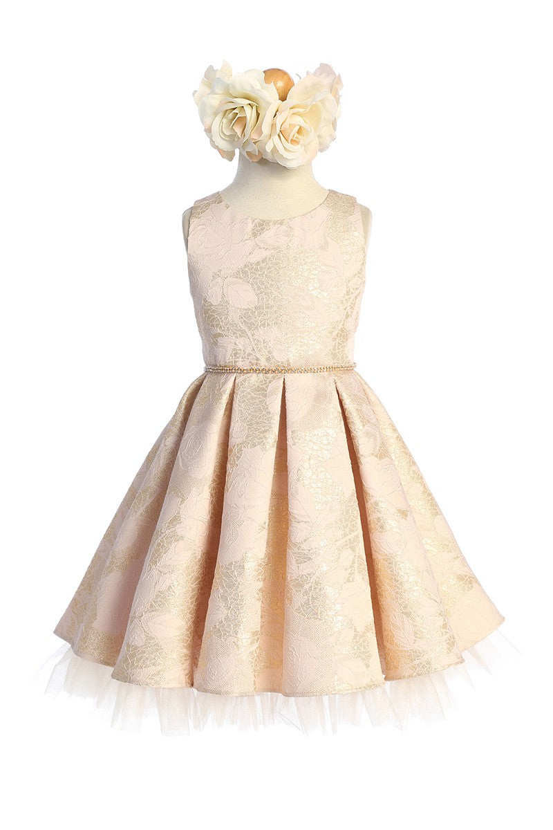 Gold Detail Floral Pleated Girl Dress