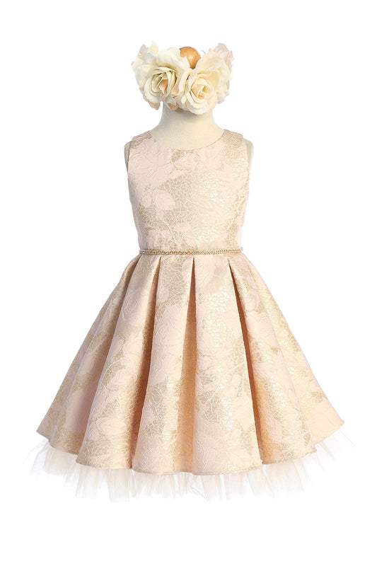 Gold Detail Floral Pleated Girl Dress