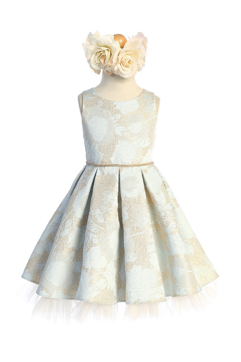 Gold Detail Floral Pleated Girl Dress