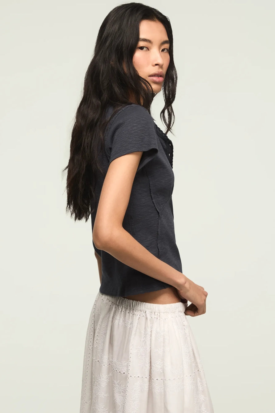[167405-410] WOMENS LUCKY BRAND CROCHET TRIM SHORT SLEEVE HENLEY - INDIA INK