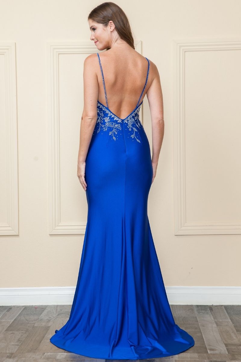 Full Length Floral Rhinestones Bodice Dress - 9120