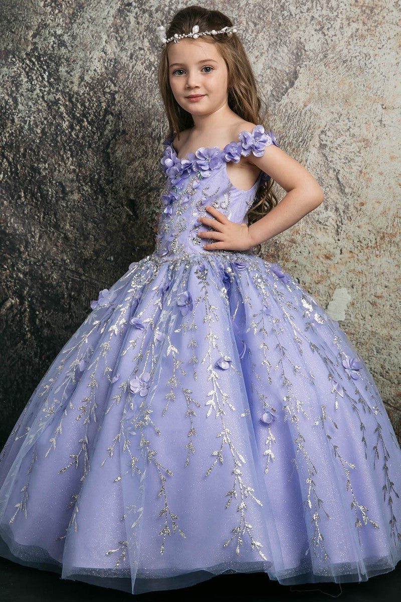 3d Floral Applique A Line Kid's Dress