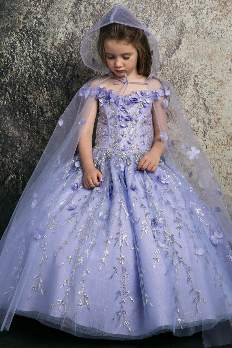 3d Floral Applique A Line Kid's Dress