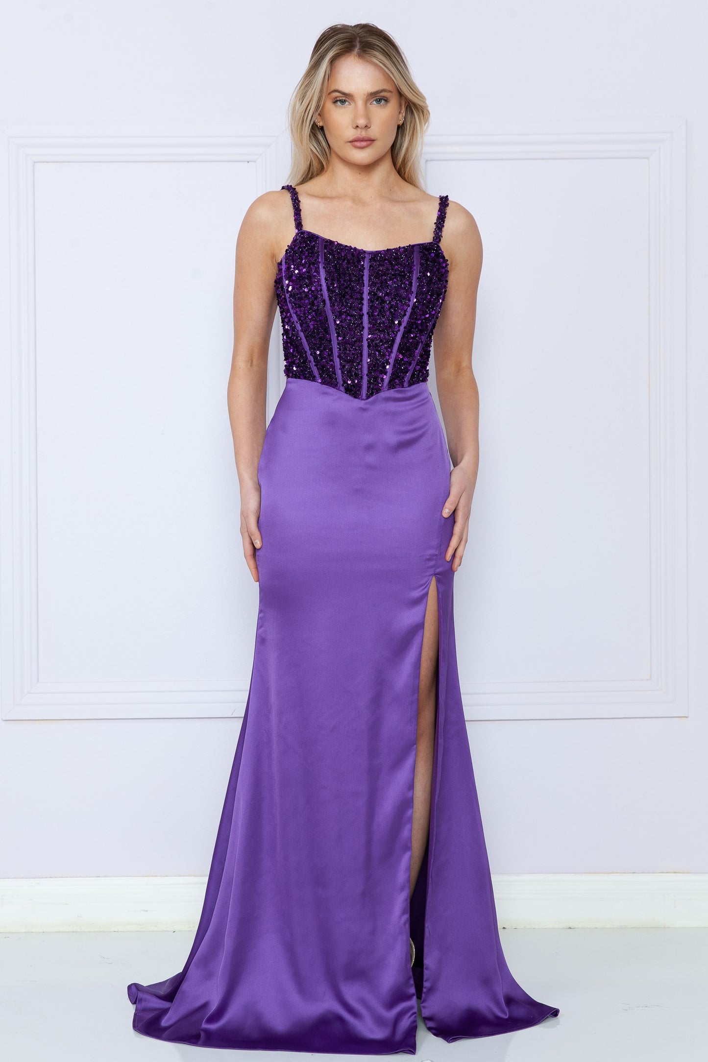Sequin Satin Corset Top Long Dress - 9176
