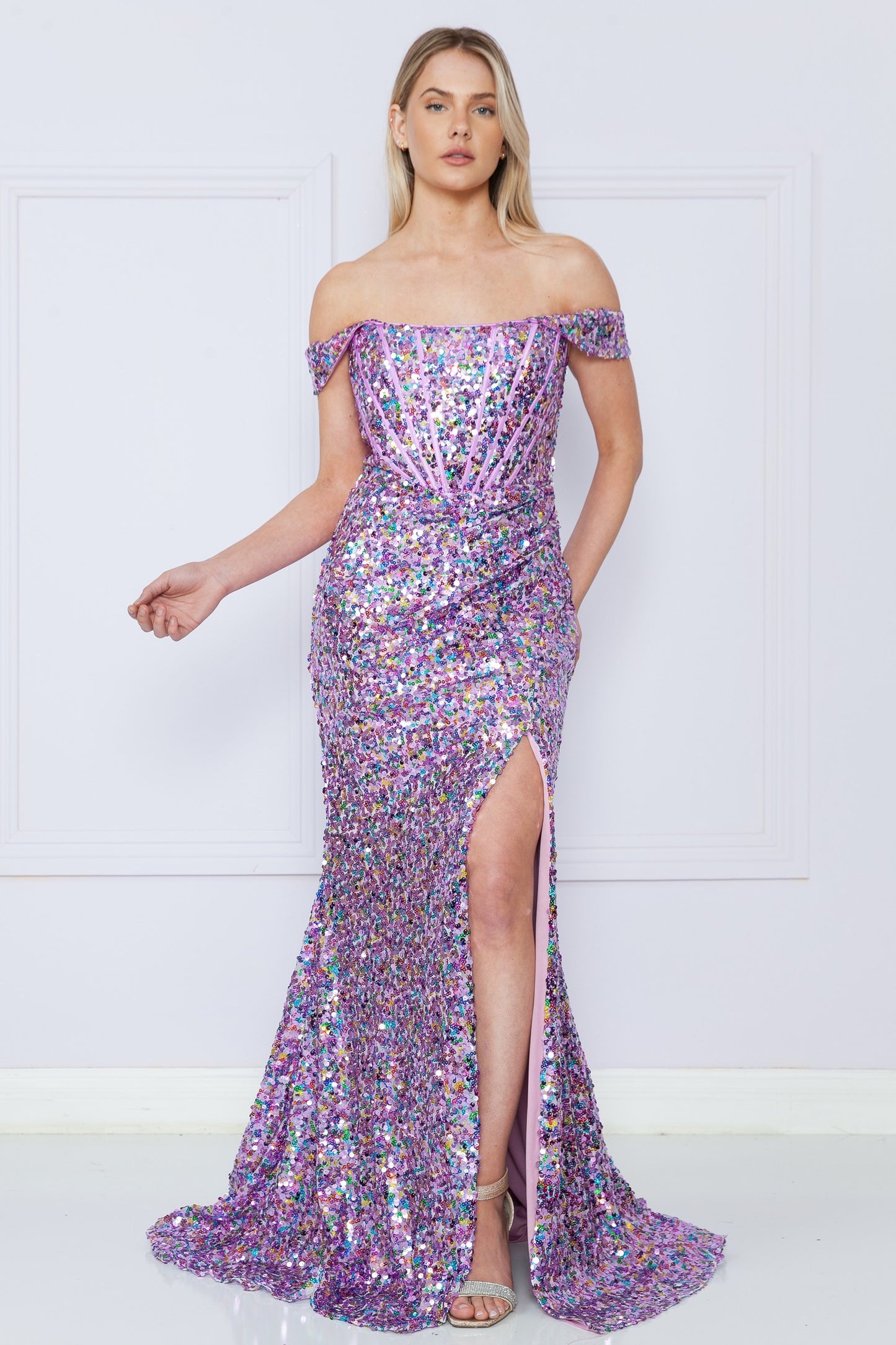 Sequin Off Shoulder Corset Top Long Dress