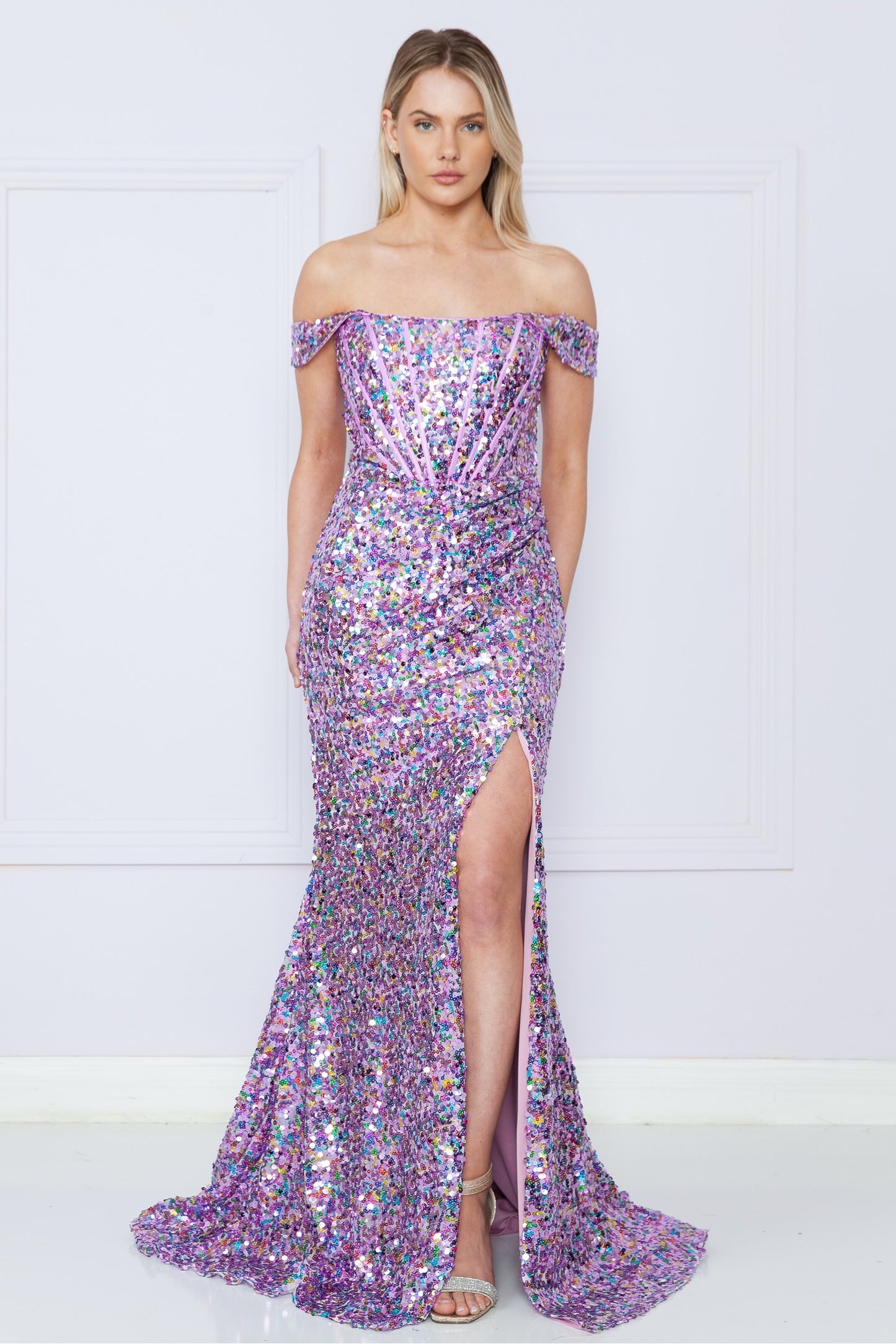 Sequin Off Shoulder Corset Top Long Dress