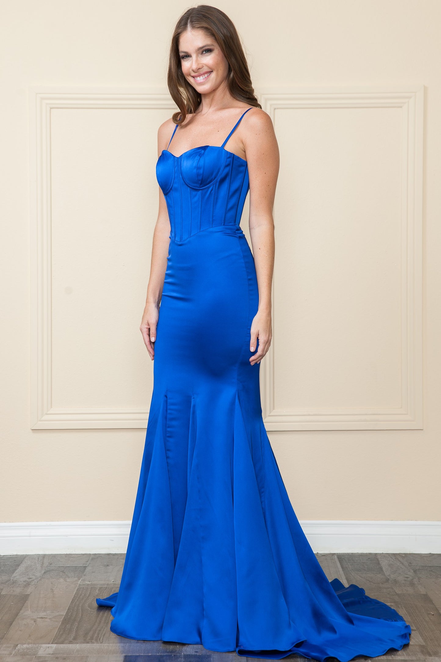 Charmeuse Corset Top Spaghetti Strap Long Dress - 9008