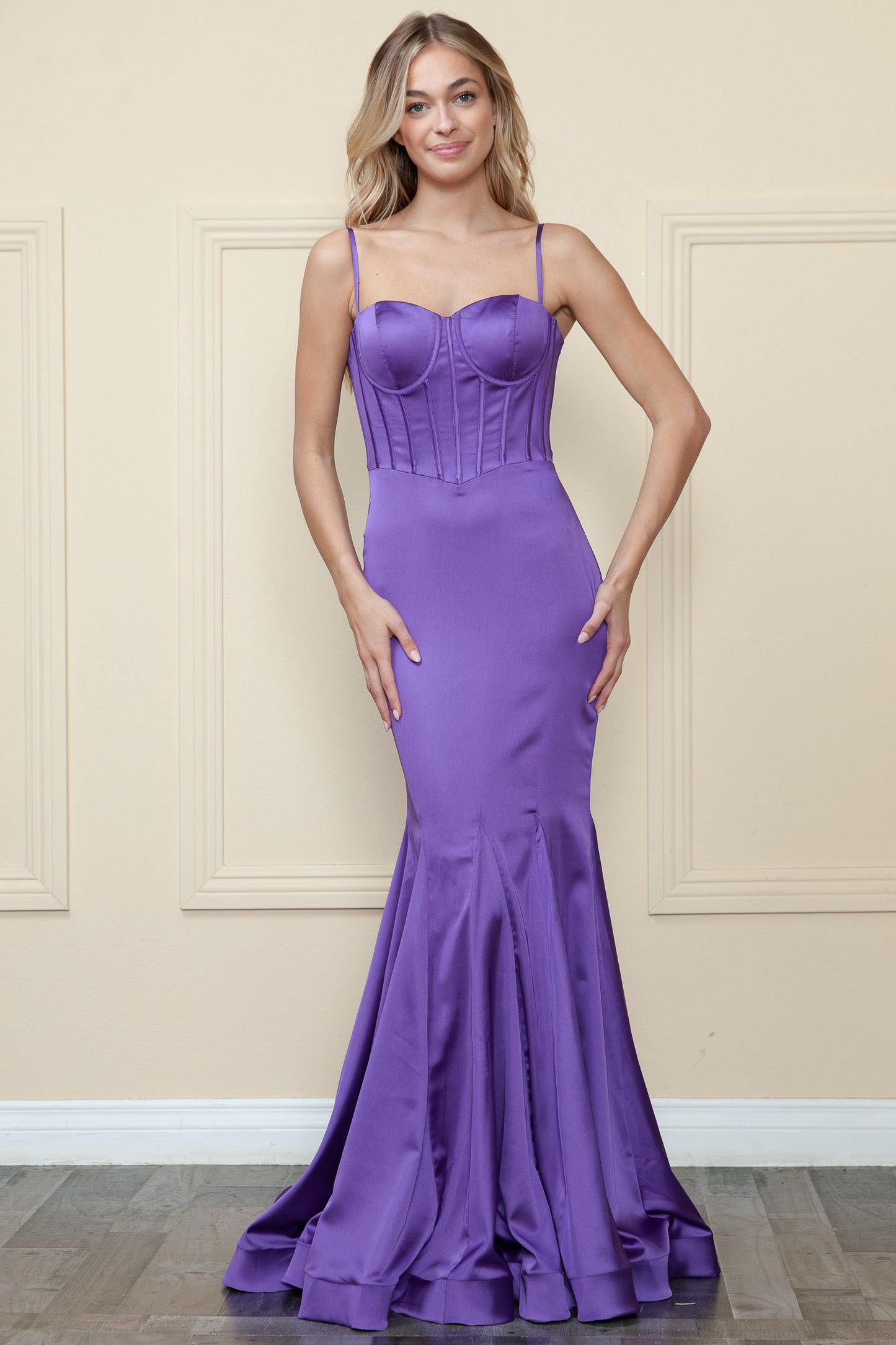 Charmeuse Corset Top Spaghetti Strap Long Dress - 9008
