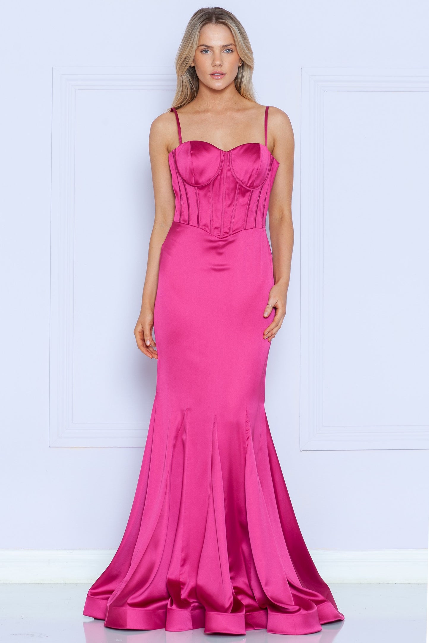 Charmeuse Corset Top Spaghetti Strap Long Dress - 9008