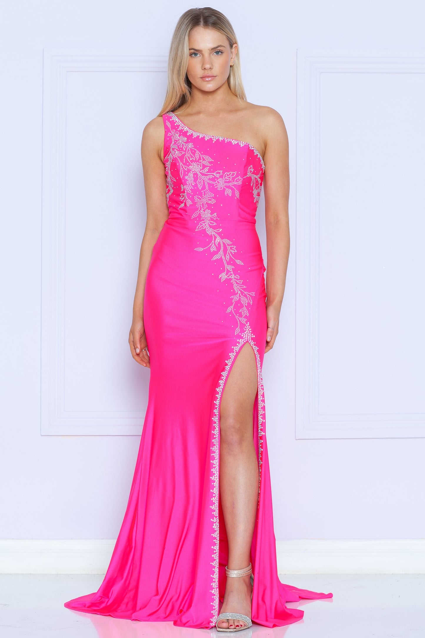 Rhinestone Single Shoulder Slit Front Long Dress - 9136