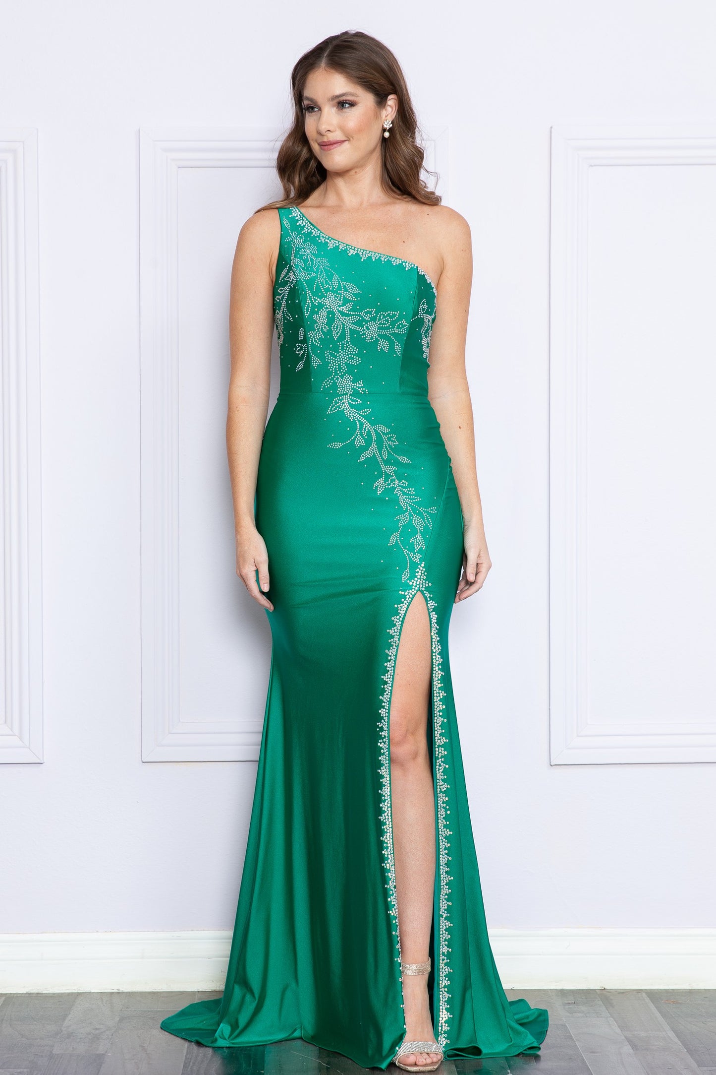 Rhinestone Single Shoulder Slit Front Long Dress - 9136