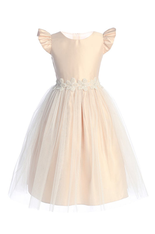 Satin Flutter Sleeve Tulle Dress