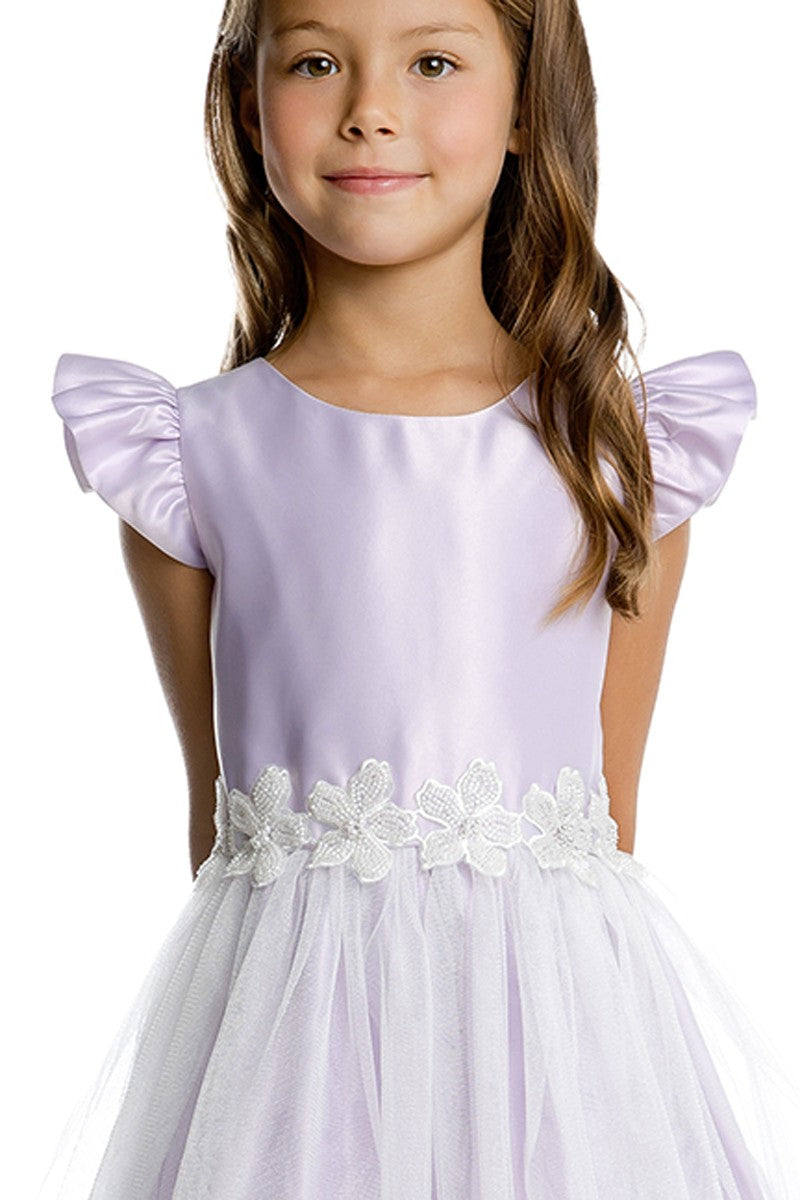Satin Flutter Sleeve Tulle Dress