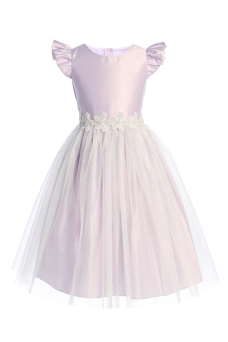 Satin Flutter Sleeve Tulle Dress